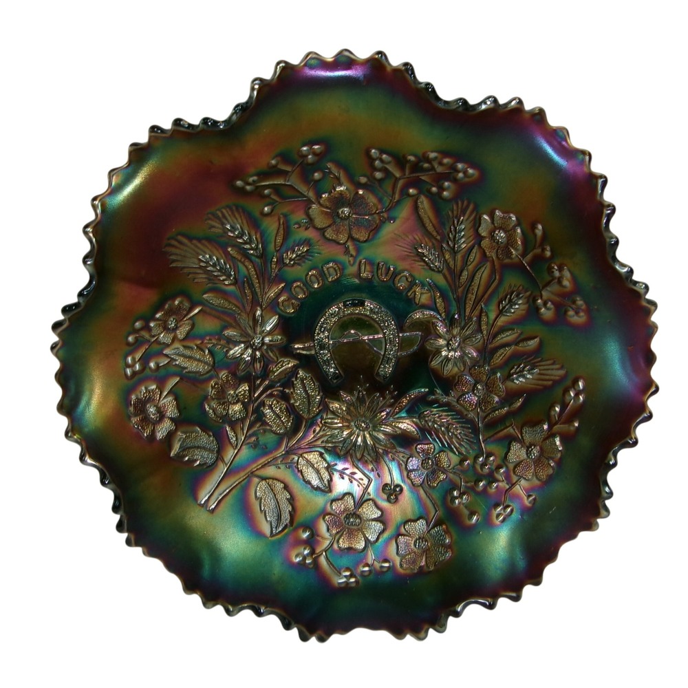 Antique Northwood Good Luck Amethyst Carnival Glass Bowl Basketweave Ruffled